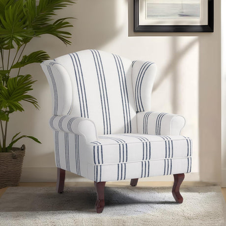 Pia Ricco Stripe High Back Floral Accent Chair, Upholstered Fabric Armchair with Solid Wood Legs - Retro Living Room Reading Chair, Comfortable Single Sofa Seat-Navy Pia Ricco