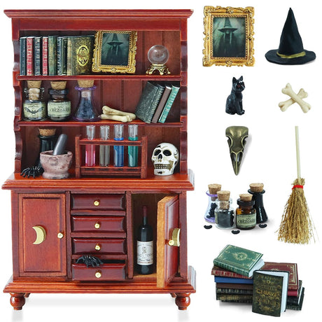 BEIREG Dollhouse Miniatures 1/12 Scale Accessories, Wooden Bookshelf Furniture Set - Magic Bottle&Potion, Witch Frame and Hat, Mini Bookcase, Haunted Dollhouse Halloween Decorations for Kids Gifts BEIREG