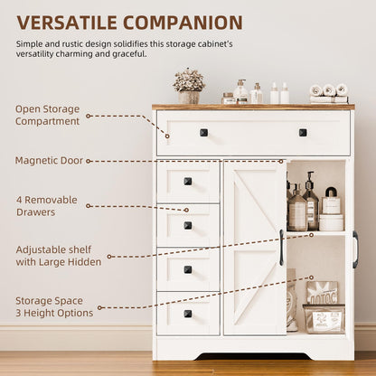 Farmhouse Storage Cabinet with 2 Doors and 5 Drawers, Freestanding Bathroom Storage Cabinet Kitchen Pantry Cabinet, Floor Storage Cabinet Hutch Cupboard for Living Room/Bathroom/Kitchen, Uniq - WoodArtSupply