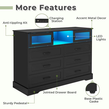 Hasuit 6 Drawer Dresser with LED Lights and Charging Station, Farmhouse Chest of Drawers Closet Organizer, Clothes Storage Cabinet Double Dressers for Bedroom, Living Room, Hallway, Black Hasuit