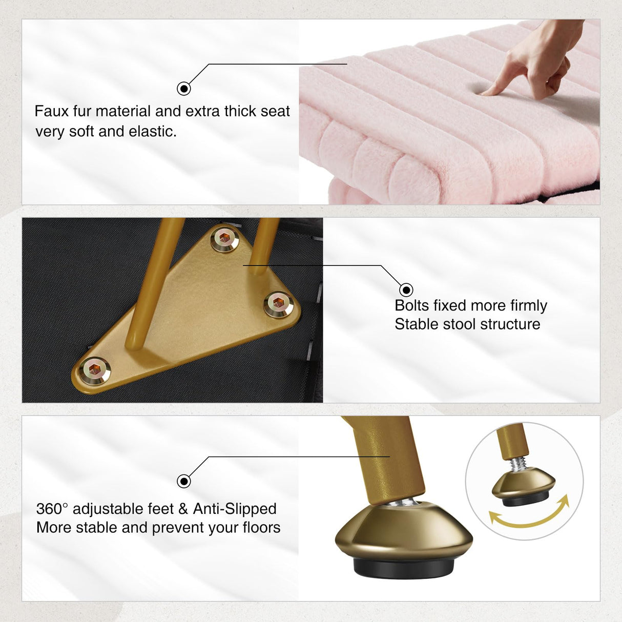 Greenstell Vanity Stool Chair Faux Fur with Storage, 15.7"L x 11.8"W x 19.4"H Soft Ottoman 4 Metal Legs with Anti-Slip Feet, Furry Padded Seat, Modern Multifunctional Chairs for Makeup, Bedroom Pink GREENSTELL