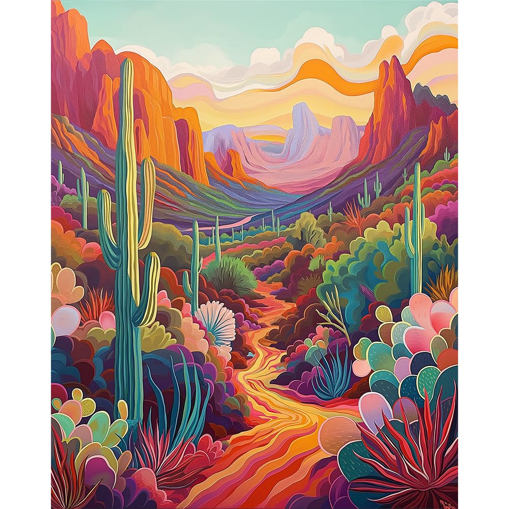Natuyalo Paint by Numbers Kit for Adults Beginners and Kids, 16" Wx20 L Canvas Pictures Drawing Acrylic Paintwork with 3 Pcs Paintbrushes, Cactus in Wilderness Natuyalo