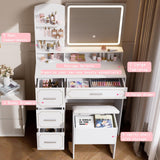 Hogxp Vanity Table with LED Mirror & Power Outlet - 5 Open Shelves, 4 Drawers - Includes Padded Stool - Ideal Bedroom Makeup Dressing Table （White） Hogxp