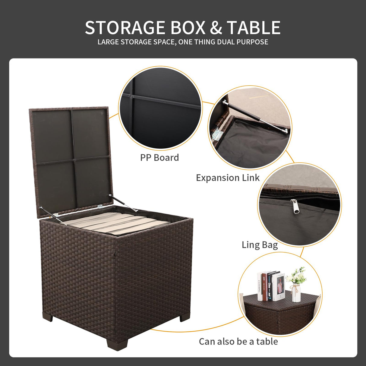 WAROOM Outdoor Patio Furniture Set 4 Piece Brown Rattan Sectional Sofa Couch PE Wicker Conversation Sets with Storage Box Glass Top Table and Non-Slip Khaki Cushion WAROOM