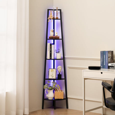 Yoobure Corner Shelf Stand, 5-Tier Corner Bookshelf with LED Light Corner Shelves for Bedroom, Tall Corner Book Shelf with Steel Frame Corner Bookcase Book Shelves Display Shelf for Living Room Office Yoobure