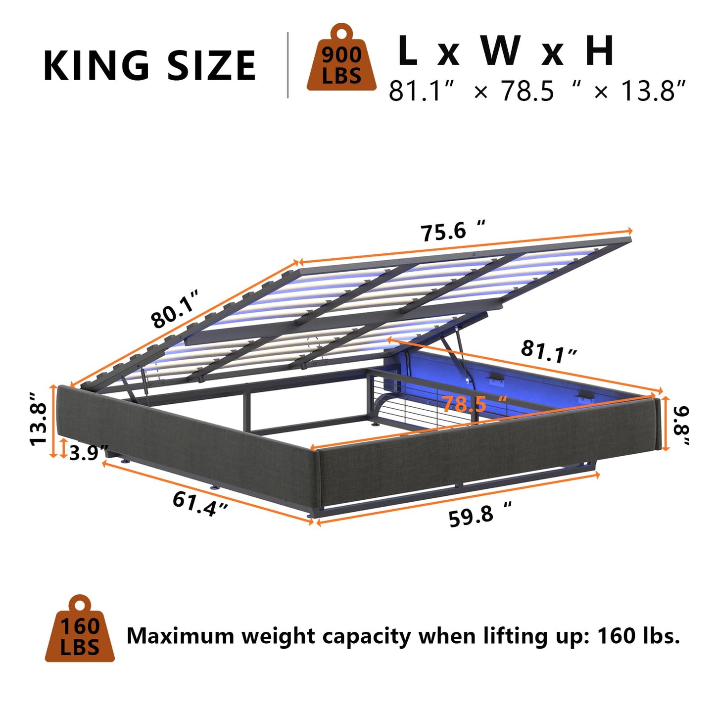 Auromie King Floating Lift Up Bed Frame with LED Lights and Hydraulic Storage - WoodArtSupply