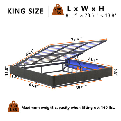 Auromie King Floating Lift Up Bed Frame with LED Lights and Hydraulic Storage - WoodArtSupply