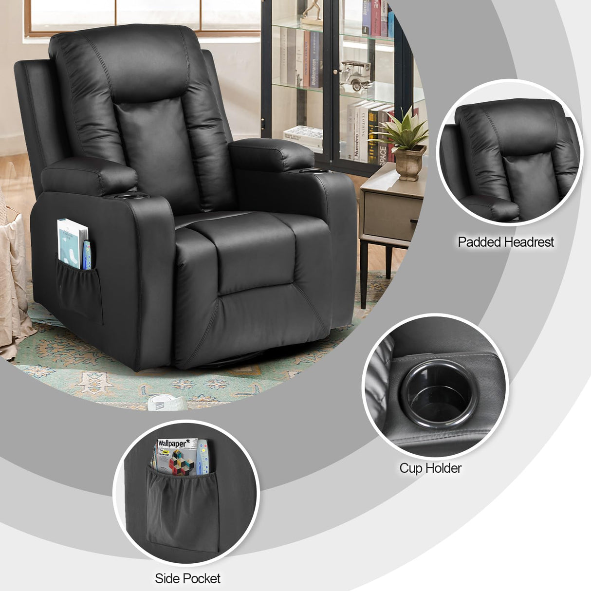 COMHOMA Recliner Chair, PU Rocking Chair for Adults, Swivel Recliner with Cup Holders, Heat and Massage, Single Sofa Seat with Side Pockets for Living Room, Bedroom (Black) COMHOMA