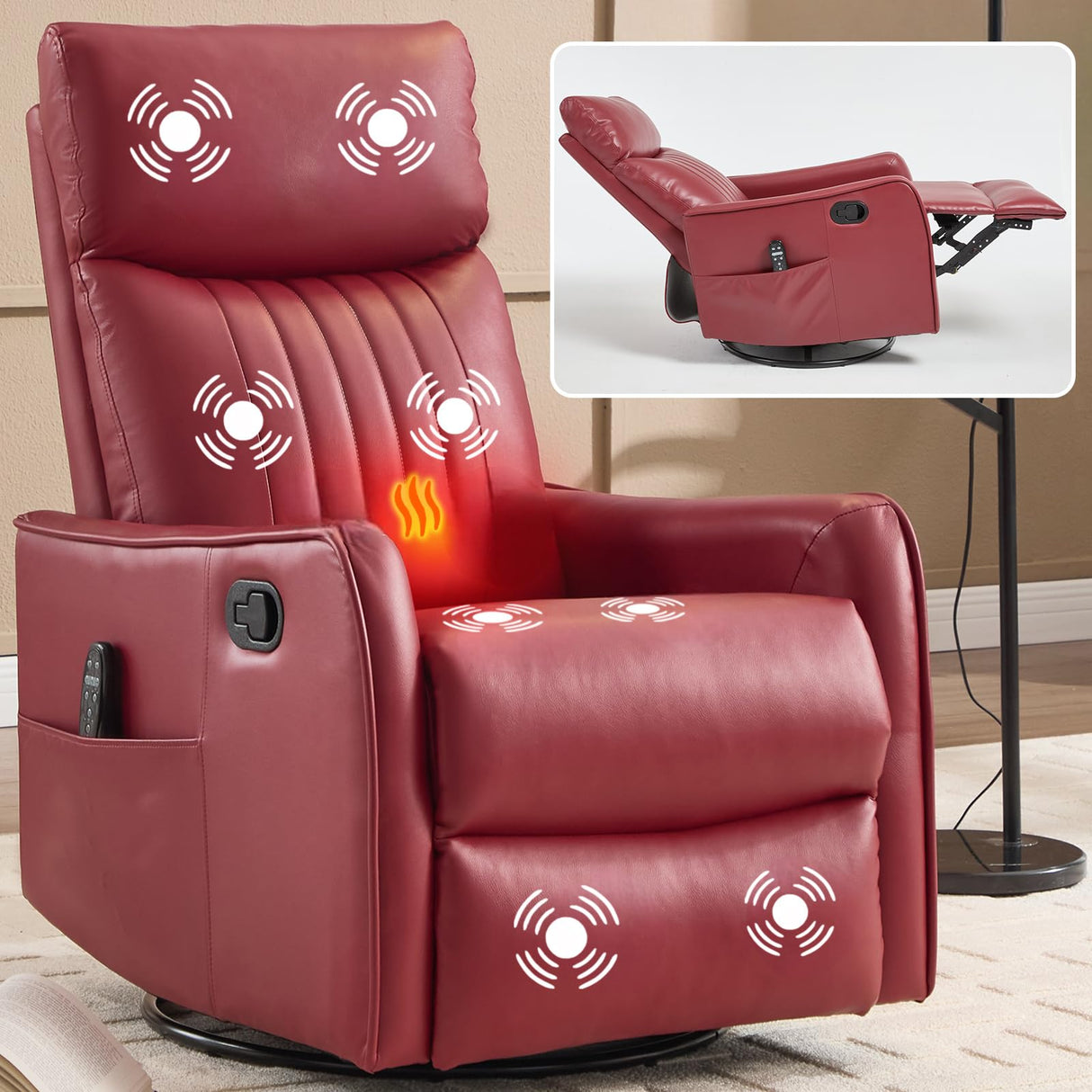 Massage Chair Recliner with Heat, Swivel Rocking Chair Recliner with Gliding Motion, PU Leather Lazy Boy Recliners for Adults,Small Recliner Chair for Small Spaces ﻿ (PU Leather, Red) anwickjeff