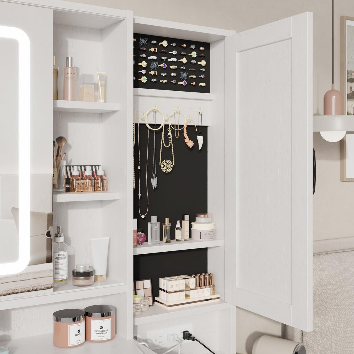 Fameill Vanity Desk with Mirror and Lights, Makeup Vanity Desk with Power Outlet, 2 Drawers & Storage, Vanity Table with Chair & Jewelry Cabinet, for Bedroom (White) Fameill