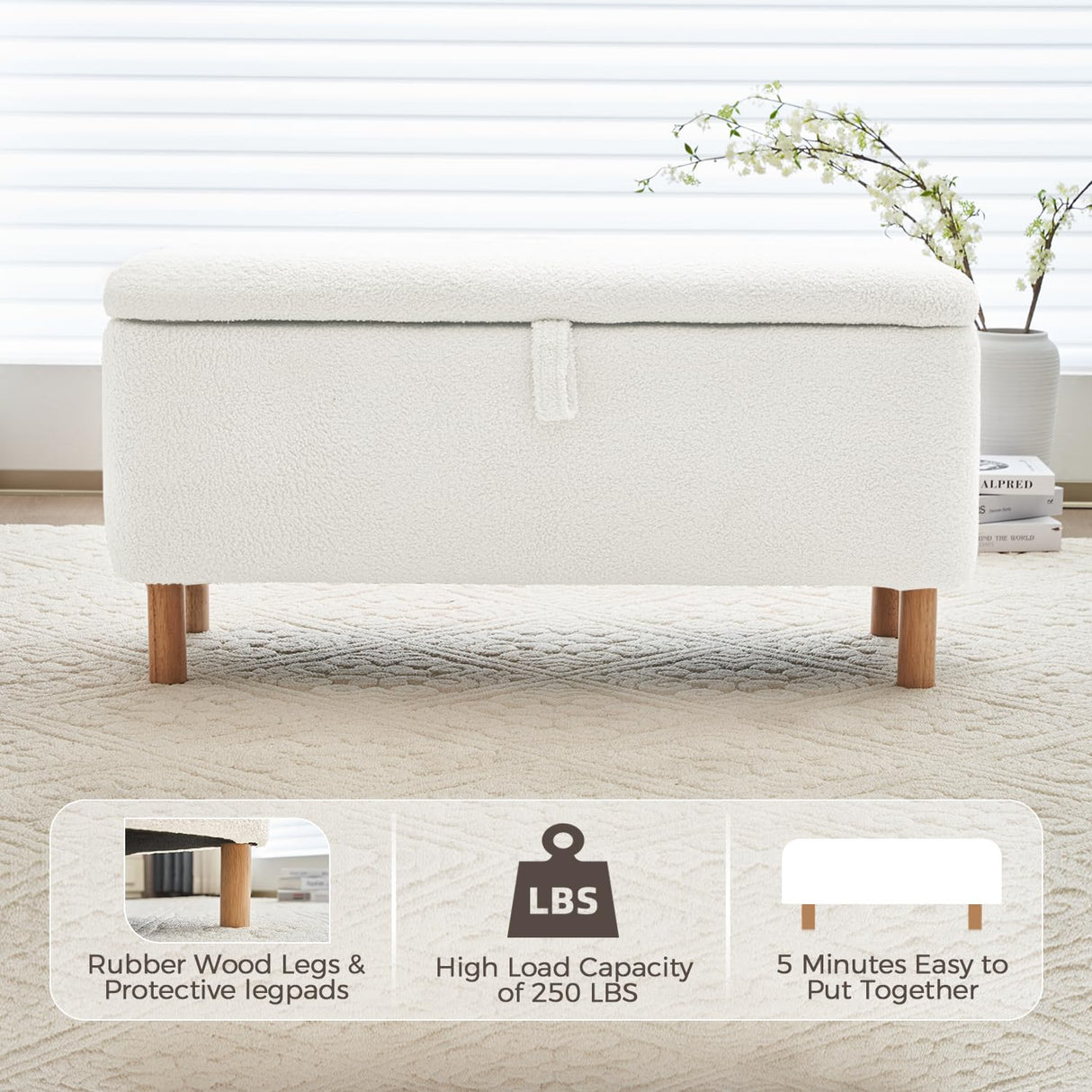 Storage Ottoman Bench for Bedroom End of Bed, Boucle Upholstered Padded Storage Bench for Entryway Bed Foot Entryway, Sherpa Rectangle Cushion Shoe Seat Blanket Chest Cute for Living Room, White Comfort Stretch