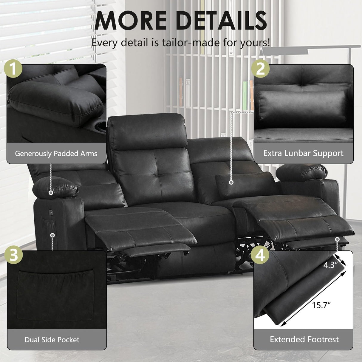 Consofa Power Reclining Sofa with Heat and Massage, Electtric Reclining Couch with Extended Footrest, Recliner Sofa 3 Seater with USB Ports, Cup Holders for Living Room, Home Seating Consofa