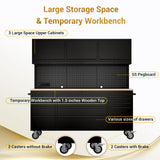 CHETTO C 72-inch Rolling Tool Chest Cabinet Mobile Workbench with 15 Storage Drawers and Wheels 3 Uper Cabinet Outlet SS Pegboard Black Tool Box for Garage CHETTO C
