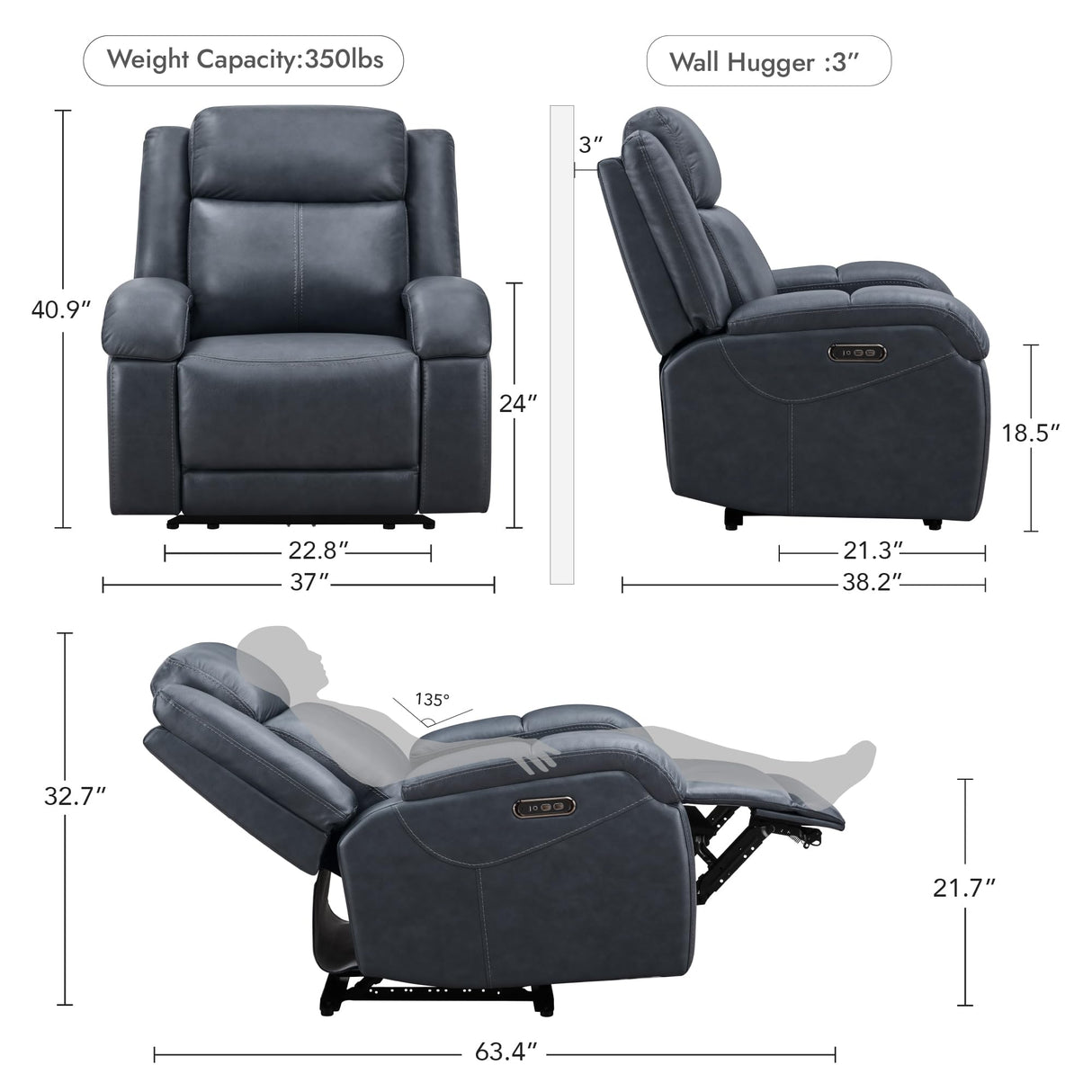 Watson & Whitely Genuine Leather Power Recliner Chairs for Adults, Wall Hugger RV Recliner with Power Headrest & Charging Ports, Electric Recliner Sofa Chair for Living Room, Navy Watson & Whitely