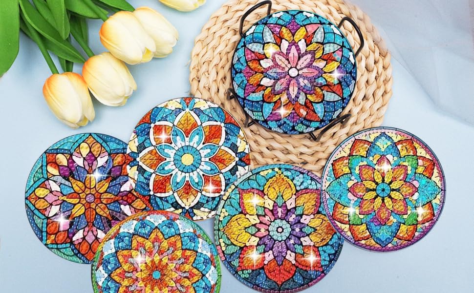 Puraikcmi 6pcs DIY Mandala Diamond Art Painting Kits Coasters with Holder, Diamond Art Coasters Adults Beginners, Flower Diamond Art Crafts Supplies Puraikcmi