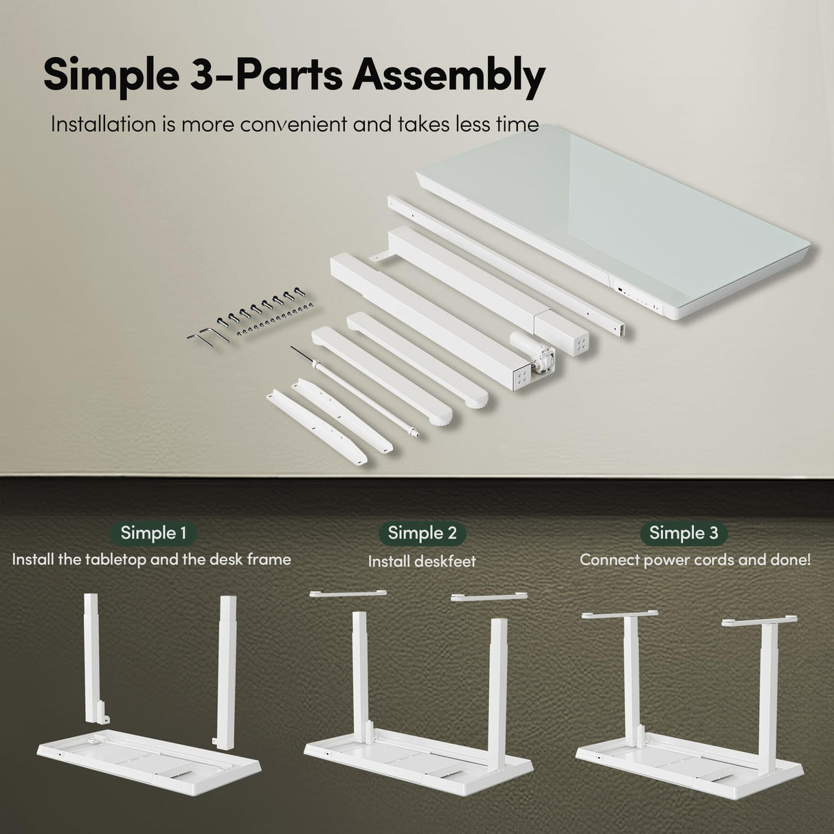 FEZIBO 48 × 24 Electric Standing Desk with Drawers, Whole-Piece Glass Adjustable Height Desk, One-Piece Quick Install Adjustable Sit Stand Desk, White FEZIBO