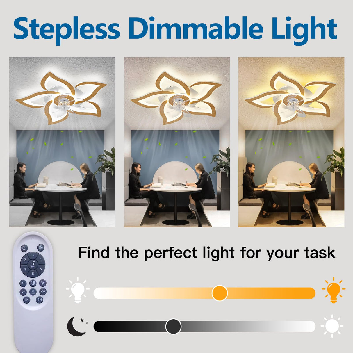 Dalouguan Geometric Ceiling Fan with Lights Remote Control, Wooden Ceiling Fan with Light, 3 Light Color 6 Speeds Low Profile Flush Mount Ceiling Fan for Kitchen Bedroom Living Room Dalouguan