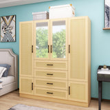 TrendTerrace Natural Rattan Armoire Wardrobe Closet Wood with 4 Doors 4 Drawers 2 Mirrors Hanging Rod and Shelves Large Clothes Storage Cabinet for Bedroom Pantry 62.99''W x 18.9''D x 70.86''H TrendTerrace