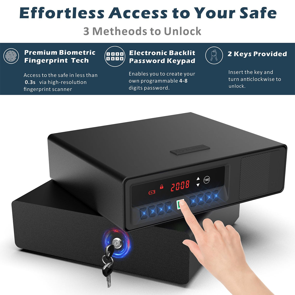 Z ZLJUAN Sliding Away Pistol Handgun Safe for Two Pistols,Quick Access Gun Safe with LCD Display of Time,Low Battery Warning,Unlock State,Drawer Safe for Nightstand Bedside Home Z ZLJUAN