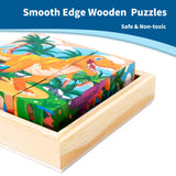 Wooden Dinosaur Block Puzzles for Kids Ages 3-5 with Baby Book, Jigsaw Puzzles Preschool Educational Interactive Toys Gift for Boys Girls, Wood Dino Cube Puzzles for Toddlers 2 3 4 5 6 Years Old PLUSYARD
