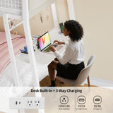 HAUOMS Bunk Bed with Desk, Twin Over Twin Metal Bunk Beds with Power Outlets, RGB LED Lights, 2 Larger Storage Drawers, Bed with Safety Guardrail & Ladders, No Box Spring Needed (White) HAUOMS