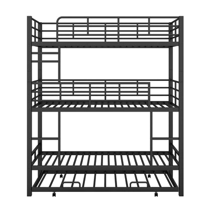 Triple Bunk Bed with Trundle Guardrail & Ladder Twin Size Metal, No Box Spring Needed, Easy Assemble