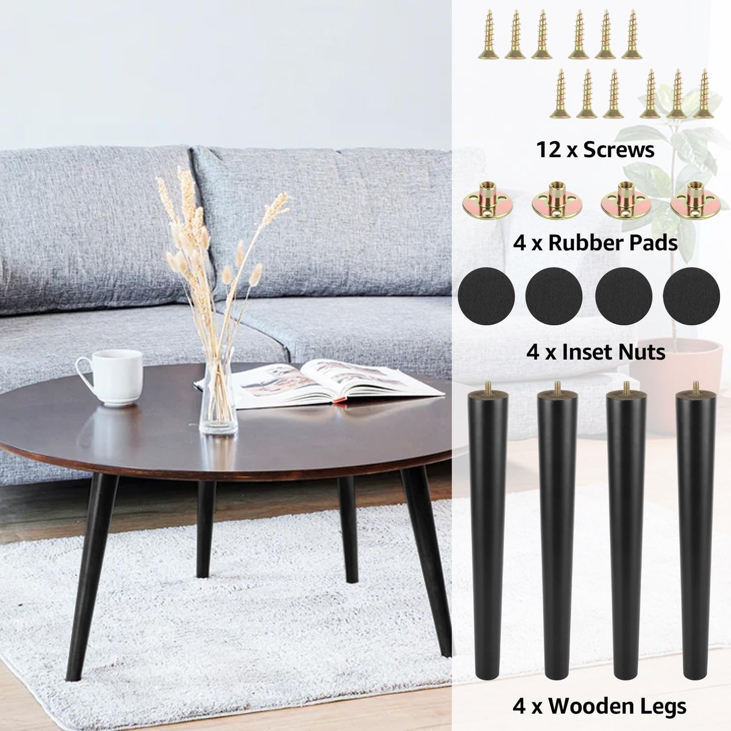 FVIEXE 16 Inch Black Wood Table Legs, Mid Century Furniture Legs Set of 4, Round Wooden Replacement Legs for Coffee Table End Table Side Table Night Stand Tapered Desk Chair Legs, Straight