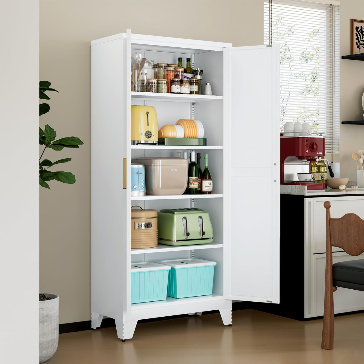 LCAOPC 71" Tall Metal Storage Cabinet with 2 Doors and 4 Adjustable Shelves, 5-Tier Kitchen Pantry Storage Cabinet for Kitchen, Living Room, Dining Room and Office, White LCAOPC