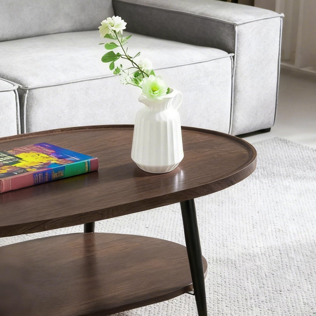 Oval Coffee Table for Living Room,47" Oval Walnut Coffee Table Mid Century Modern 2 Tier for Small Space,D47xw23.6xh15 Hothingwell