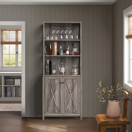 YITAHOME 67" Tall Bar Wine Cooler for Liquor and Glasses, Farmhouse Storage Cabinet w/Wine Rack, Open Storage Shelves, Buffet Kitchen Cabinet with Wooden Doors for Living Room, Living Room, Grey Wash YITAHOME
