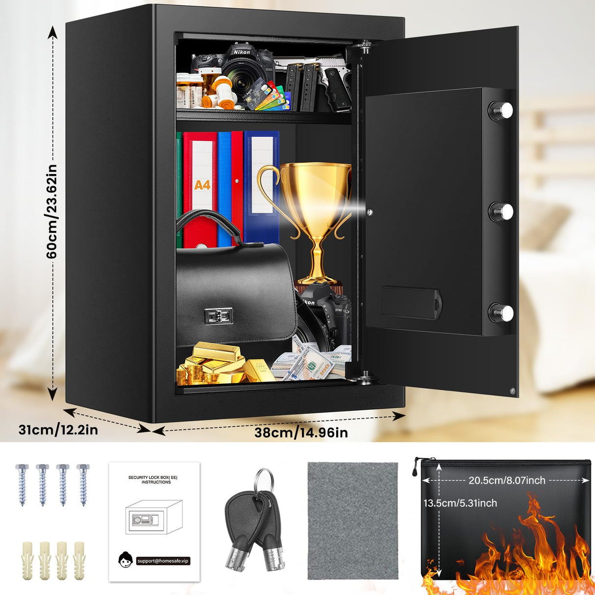 3.8 Cu ft Extra Large Safe Box Fireproof Waterproof, Security Home Safe with Fireproof Bag, LCD Digital Keypad Key Lock and Removable Shelf, Fire Document Safe for Money Medicines Jewelry Valuables Povanje