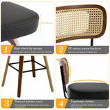 Bekrvio 29" Swivel Bar Stools Set of 2 with Rattan Back, Upholstered Faux Leather, Walnut Bentwood Frame in Black Bekrvio