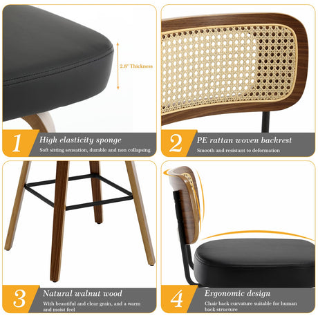 Bekrvio 29" Swivel Bar Stools Set of 2 with Rattan Back, Upholstered Faux Leather, Walnut Bentwood Frame in Black Bekrvio