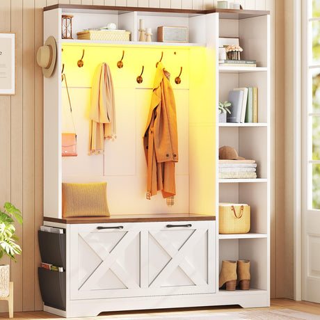 Itaar Hall Tree with Bench and Shoe Storage, Farmhouse Entryway Bench with Coat Rack, Shoe Cabinet with Flip Drawers, 7 Shelves, 10 Coat Hooks, Storage Bag, Led Lights, White Itaar