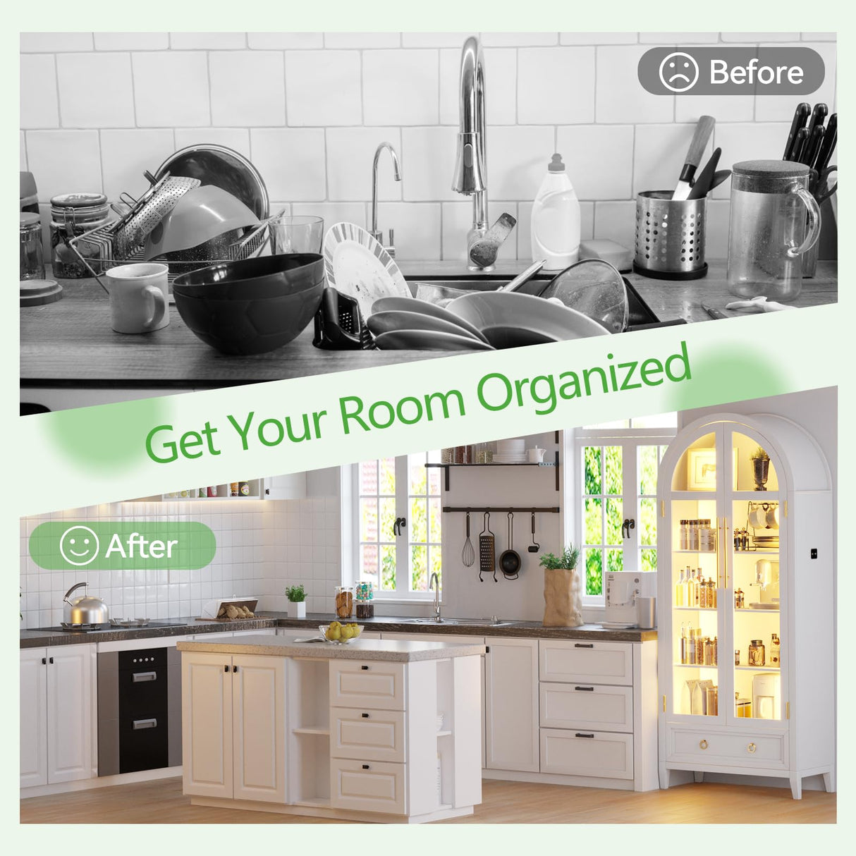 HNEBC Book Shelf with LED Lights, Arched Display Case with Storage Cabinet, Smart Pantry Cabinet with Glass Door, Bookcase, Toy Organizer with Solid Wood Legs for Livng Room/Bedroom Furnniture-White HNEBC