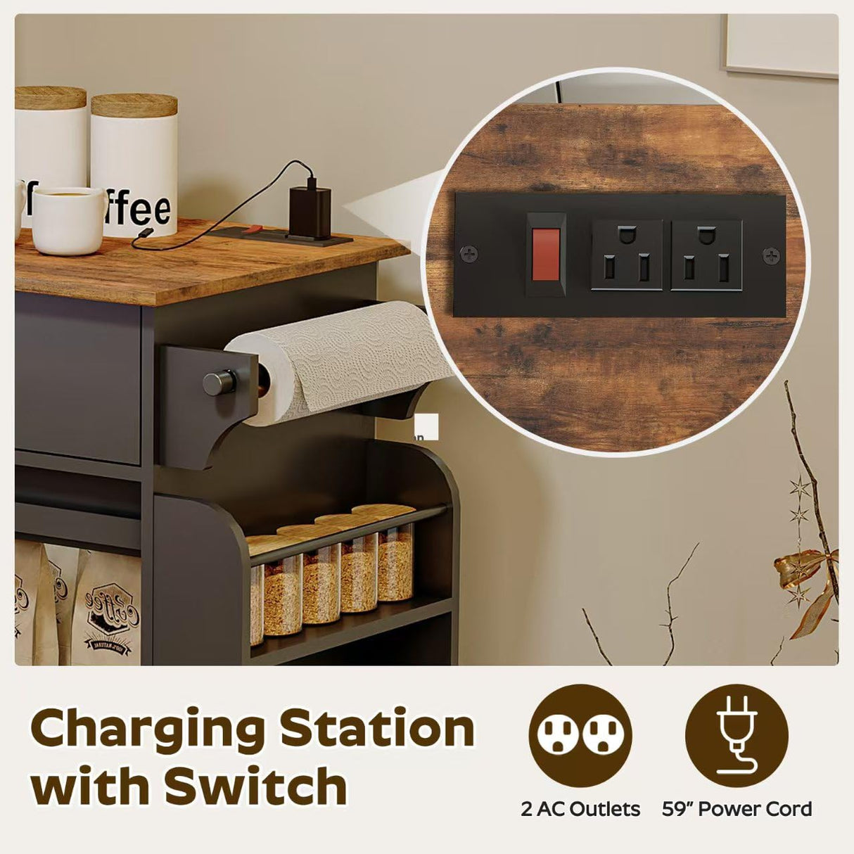 YATINEY Kitchen Island with Storage, Kitchen Storage Cabinets with Charging Station, Kitchen Island on Wheels, Rolling Island Table with Sliding Cabinet Door, Black and Rustic Brown ZD01UBR YATINEY