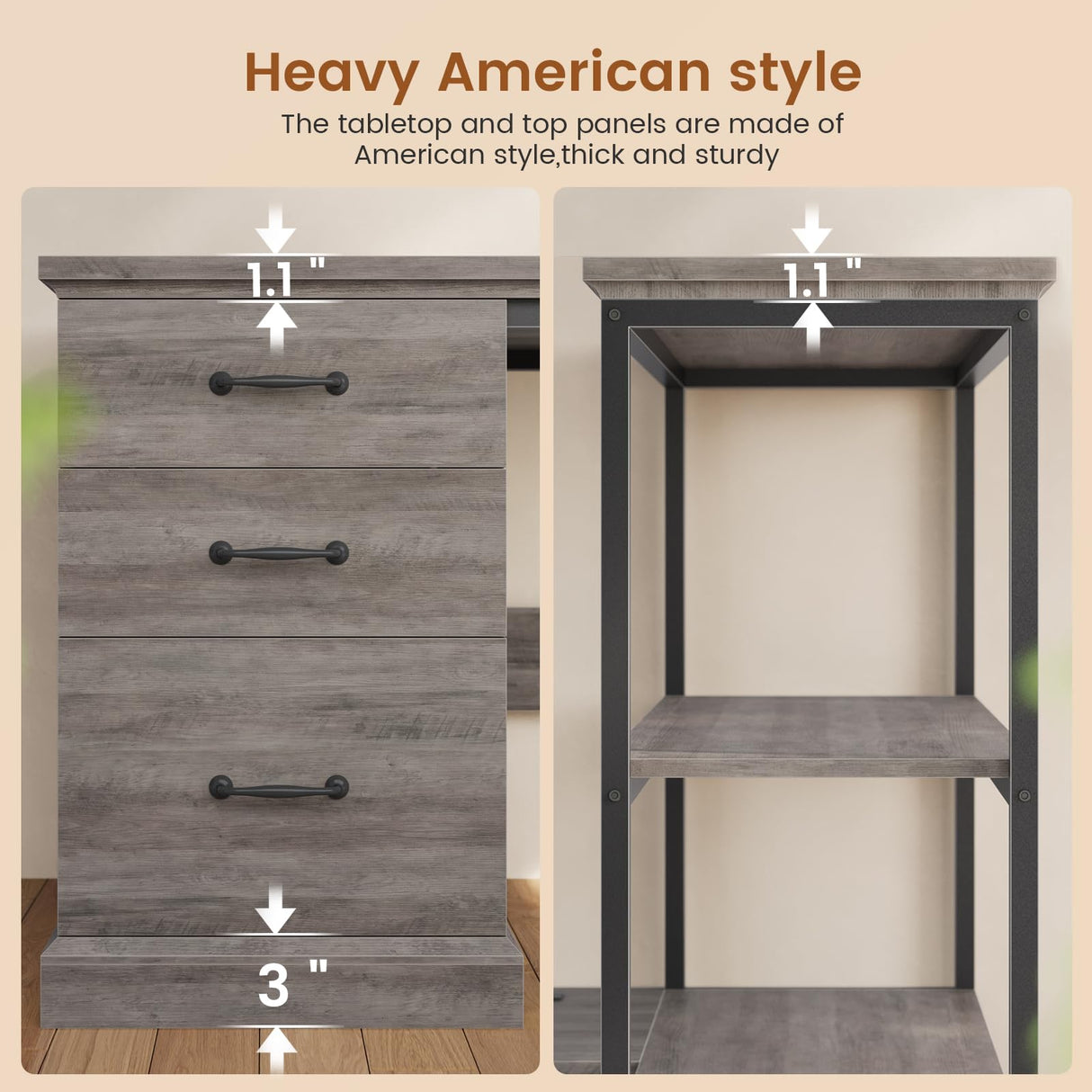 SEDETA Farmhouse 57.1" L Shaped Desk with Drawers, Home Office Desk with Storage Shelves, L Shaped Computer Desk with File Drawer & Bookshelves, Computer Desk with Power Outlets for Home Office, Grey SEDETA