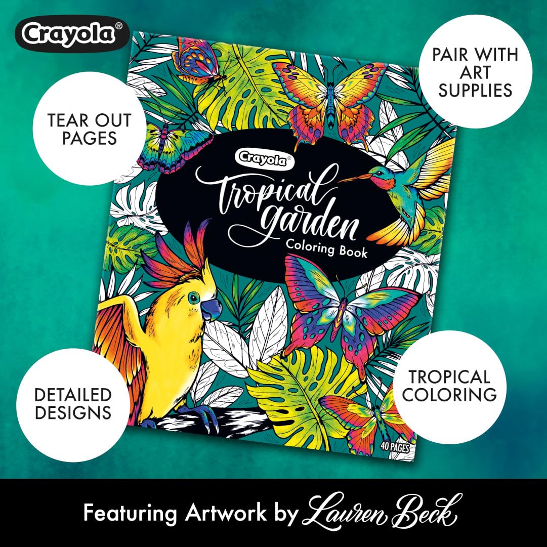 Crayola Tropical Garden Adult Coloring Book (40pgs), Adult Coloring Pages, Stress Relief Activity, Gift for Teens & Adults, 9+ Crayola