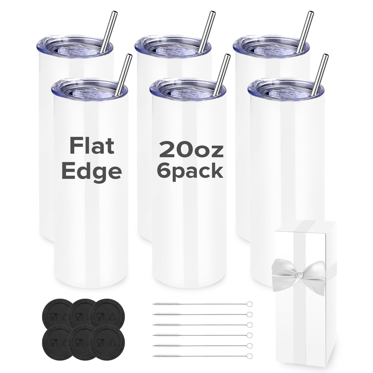 FASTSUB Sublimation Tumblers 20 oz Blank Bulk Cups Straight Skinny Stainless Steel Double Wall Vacuum Insulated with Lids and Straws for Tumbler Heat Press White 6 Pack FASTSUB