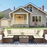 PayLessHere 8 Piece Patio Furniture Set Outdoor Furniture Sectional Sofa Set Rattan Wicker Conversation Set Coffee Table Khaki Cushion for Backyard Porch Balcony Poolside Garden PayLessHere