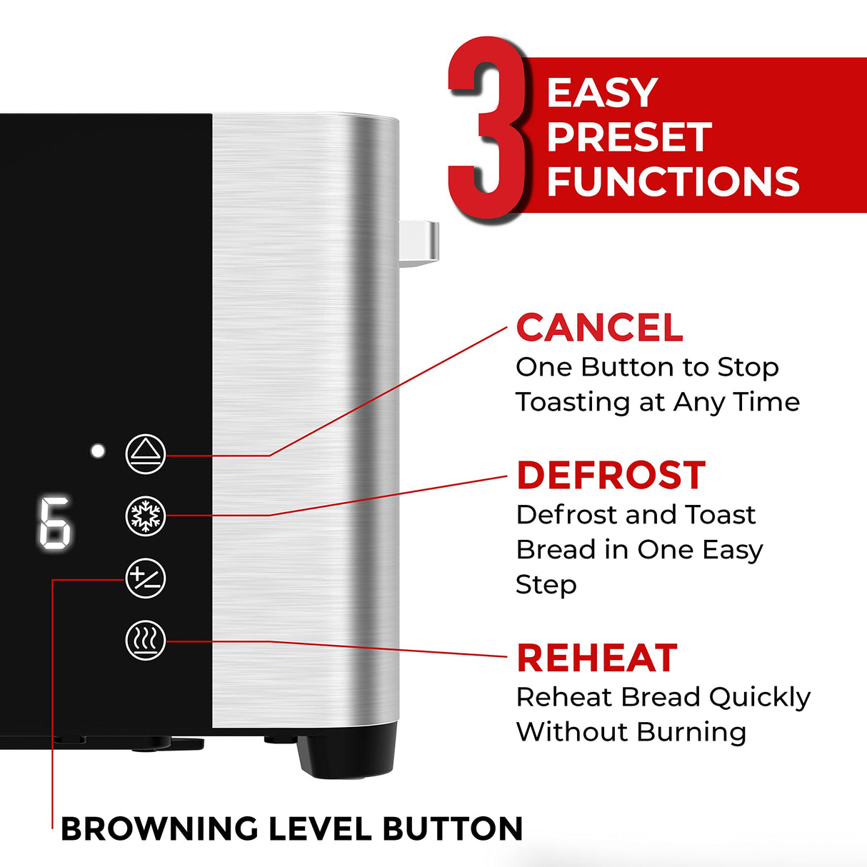 Mueller UltraToast Full Stainless Steel Toaster 4 Slice, Long Extra-Wide Slots with Removable Tray, Cancel/Defrost/Reheat Functions, 6 Browning Levels with LED Display, Kitchen Essentials & Gadgets Mueller
