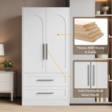 iPormis Armoire Wardrobe Closet with 2 Drawers, Modern Wooden Bedroom Armoire with Doors, Clothing Storage Cabinet with Aluminum Hanging Rod, Wardrobe Storage with Strong Door Closure, White iPormis
