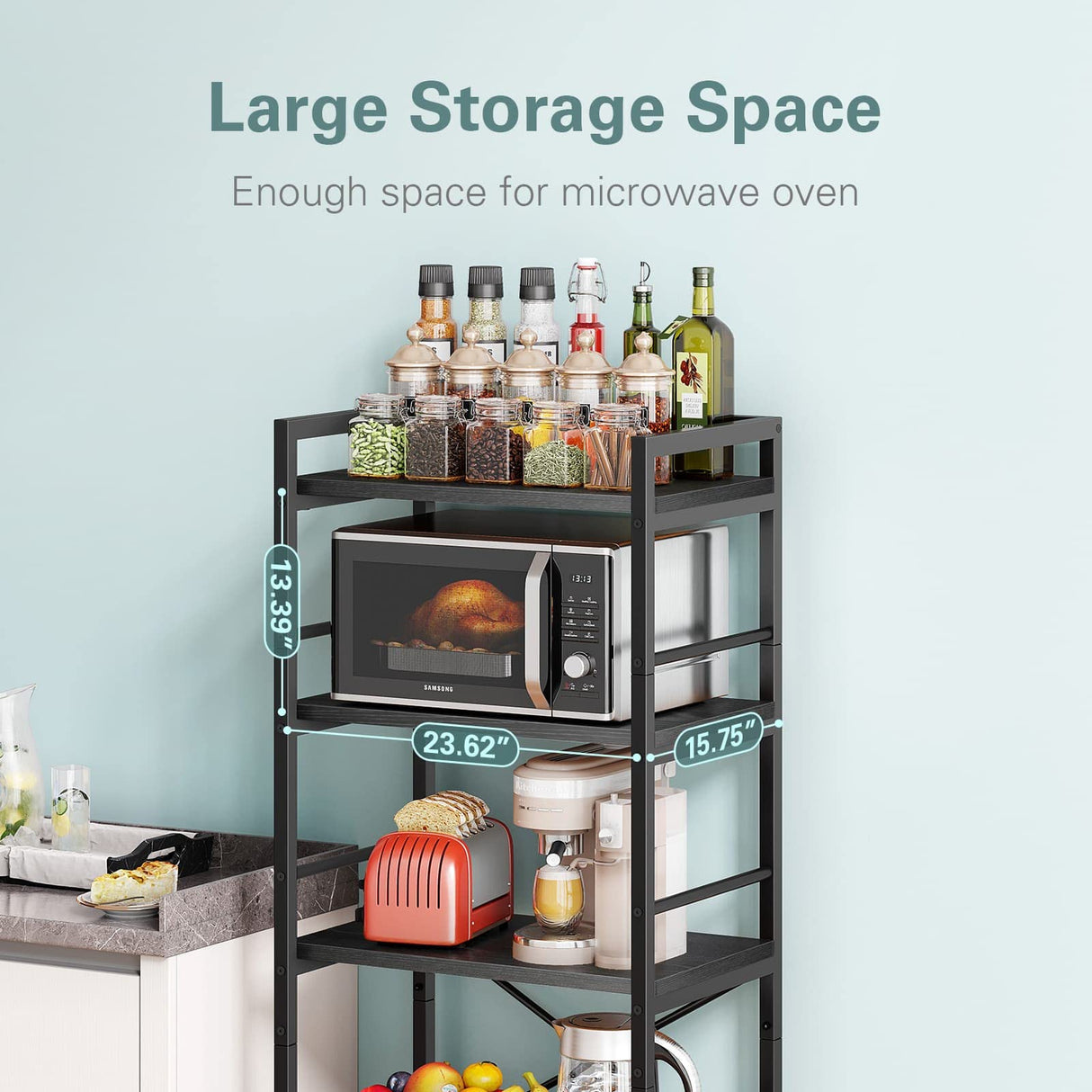 Denkee 5-Tier Bakers Rack for Kitchen with Storage, Industrial Microwave Stand Shelf, Coffee Bar for Small Spaces, Free Standing Kitchen Storage Shelf Rack, 23.62" L x 15.75" W x 60.24" H, Black Denkee