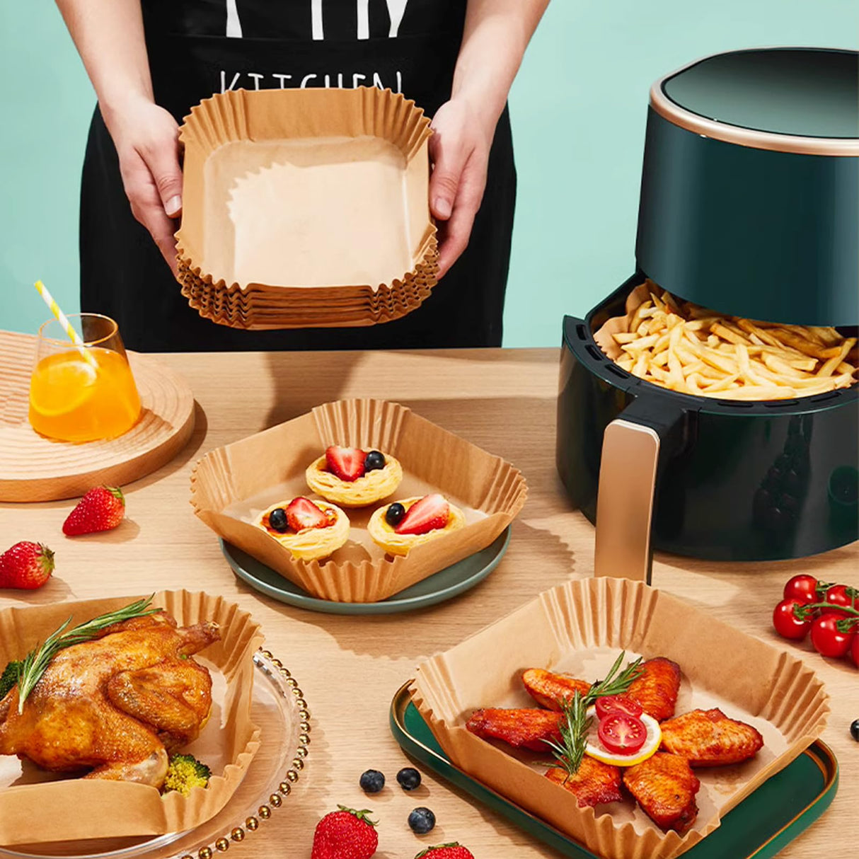 Air Fryer Liners Disposable Paper, 150 PCS Non-stick Parchment Paper, Air Fryer Disposable Liners For 5-8QT Air fryer, Oil-proof 8 Inch Airfryer Paper for Frying, Baking, Roasting Microwave (Square) AOJOYS