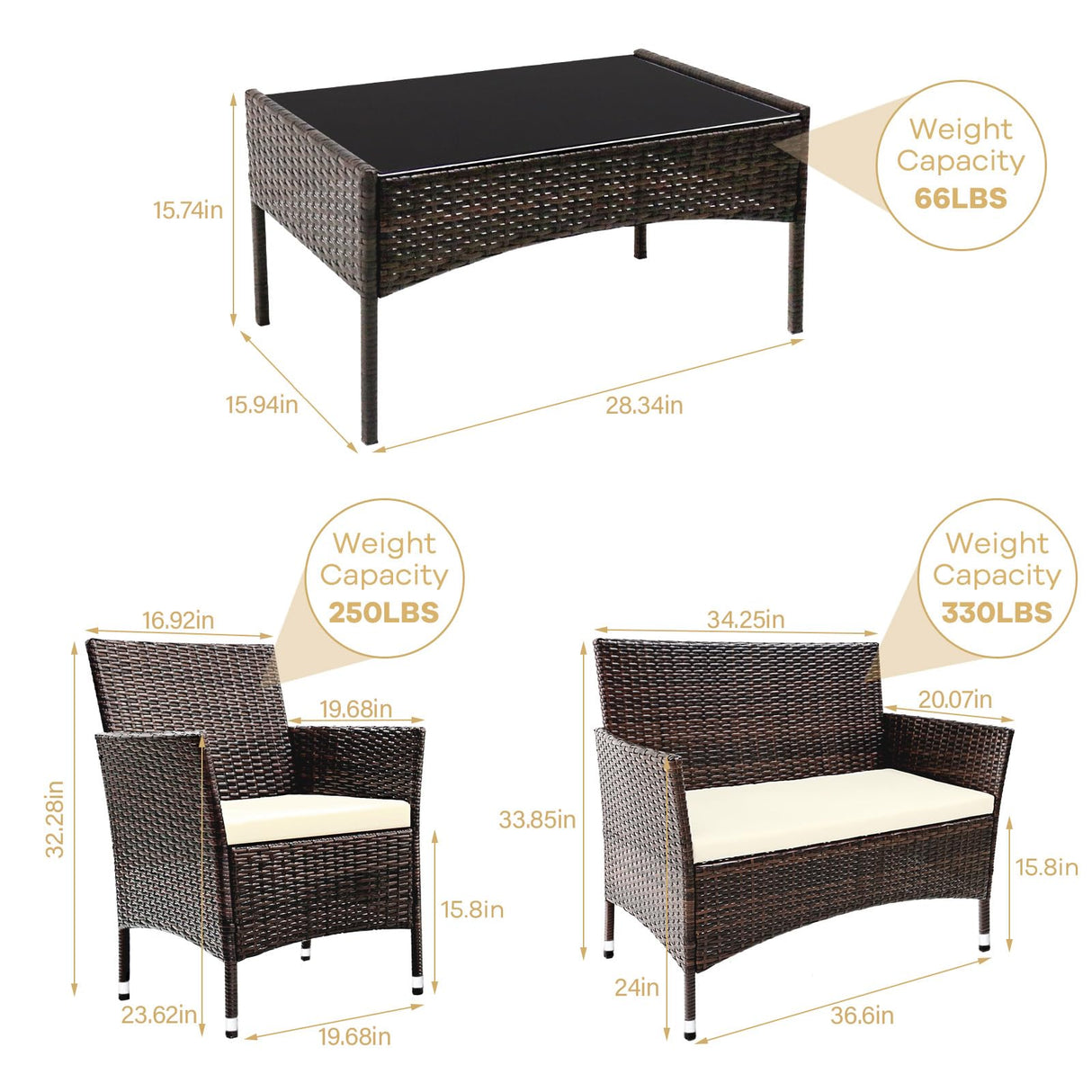 TINKLE WELL Outdoor Patio Furniture, 4 Pieces Rattan Chairs Wicker Conversation Set with Tempered Glass Table, Cushion, for Yard, Garden, Poolside, Porch, Bistro, Balcony, Brown and Beige TINKLE WELL