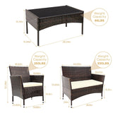 TINKLE WELL Outdoor Patio Furniture, 4 Pieces Rattan Chairs Wicker Conversation Set with Tempered Glass Table, Cushion, for Yard, Garden, Poolside, Porch, Bistro, Balcony, Brown and Beige TINKLE WELL