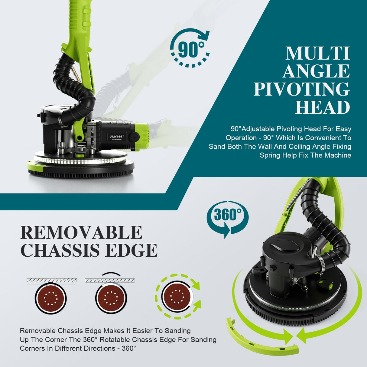 AMYBEST Drywall Sander, Powerful Electric Drywall Sander with Vacuum Dust Collection, 5 Speed 1000-2100 RPM, Popcorn Ceiling Remover, LED Light & 12 Sanding Discs, Extendable Handle (GREEN) AMYBEST