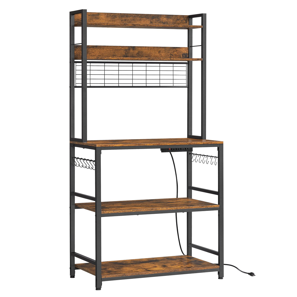 VASAGLE Hutch Bakers Rack with Power Outlet, 14 Hooks Microwave Stand, Adjustable Coffee Bar with Metal Wire Panel, Kitchen Storage Shelf, 15.7 x 31.5 x 66.9 Inches, Rustic Brown and Black UKKS025B01 VASAGLE