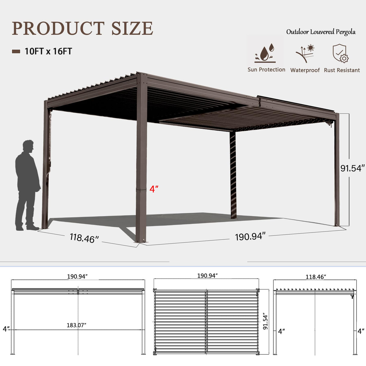 Domi Outdoor Louvered Pergola 10x16FT with Adjustable Steel Roof, Outdoor Aluminum Frame Rainproof Pergola for Backyard, Garden and Lawn,Brown domi outdoor living