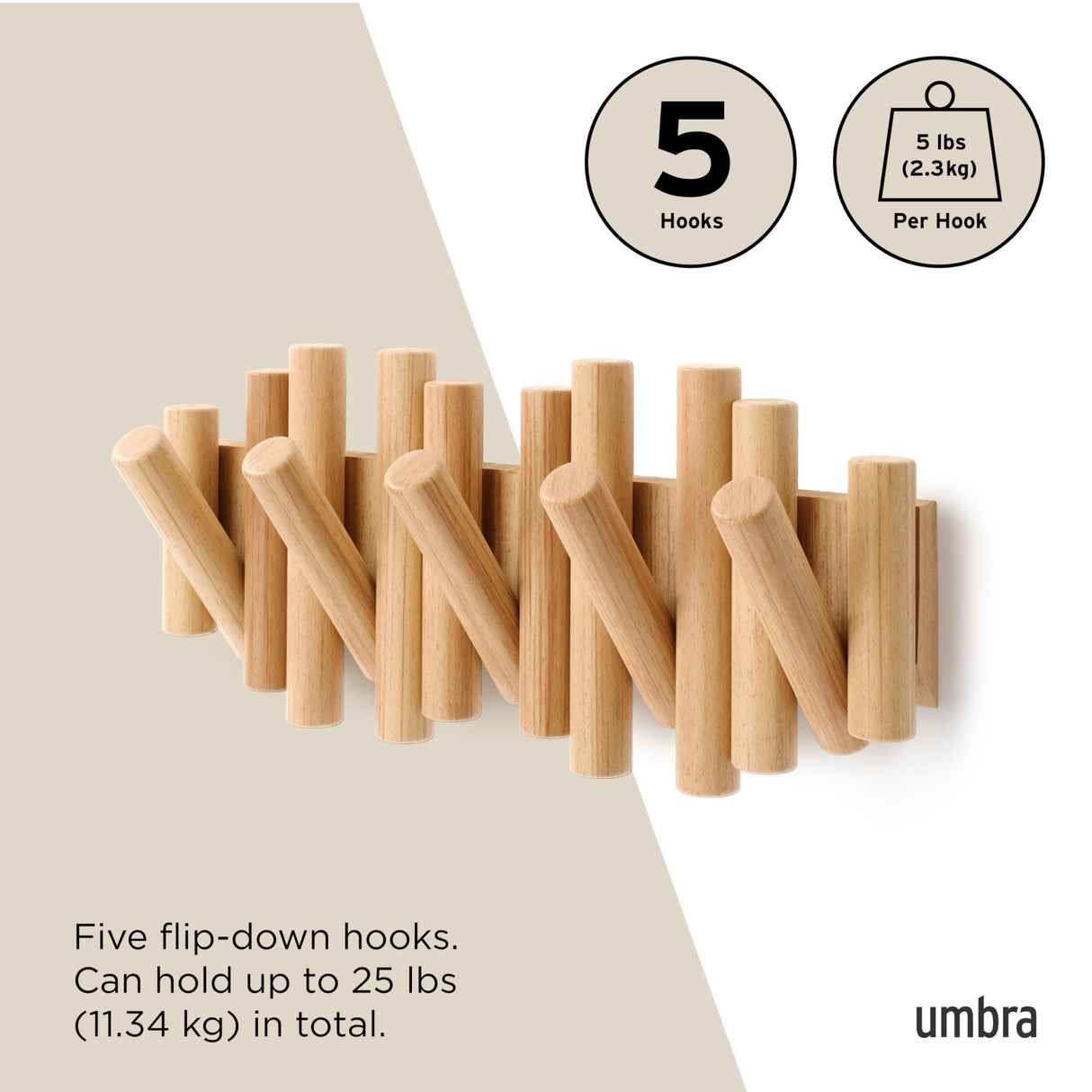 Umbra Picket 5 Hooks, Wall-Mounted Rail, Doubles as Art, Beveled Pine Wood Dowels, Natural Finish Umbra